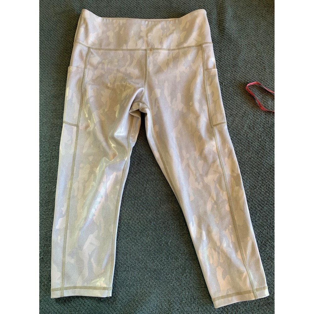 Zyia Active Womens White Camo Iridescent Metallic Pocket Leggings Size 12 Crop